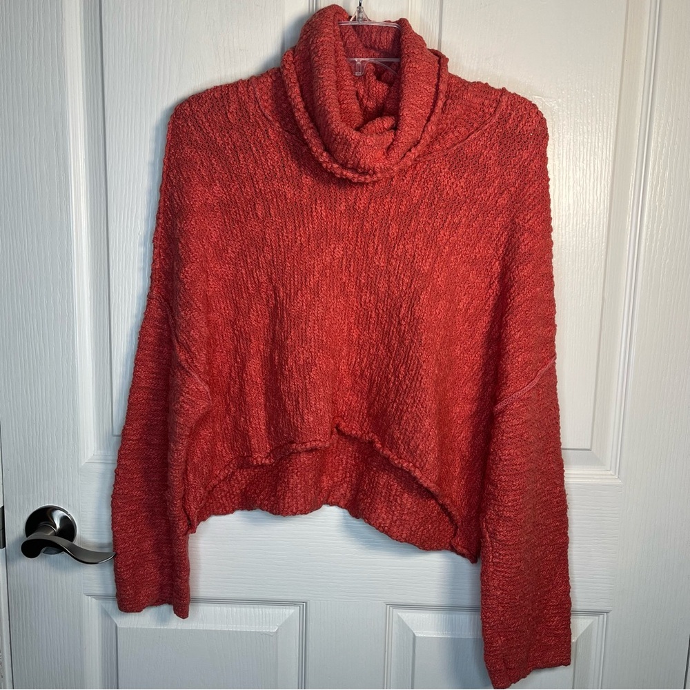 Free People Sz XS The Big Easy Cropped Cowl Neck Sweater In Coral Textured - Picture 14 of 16